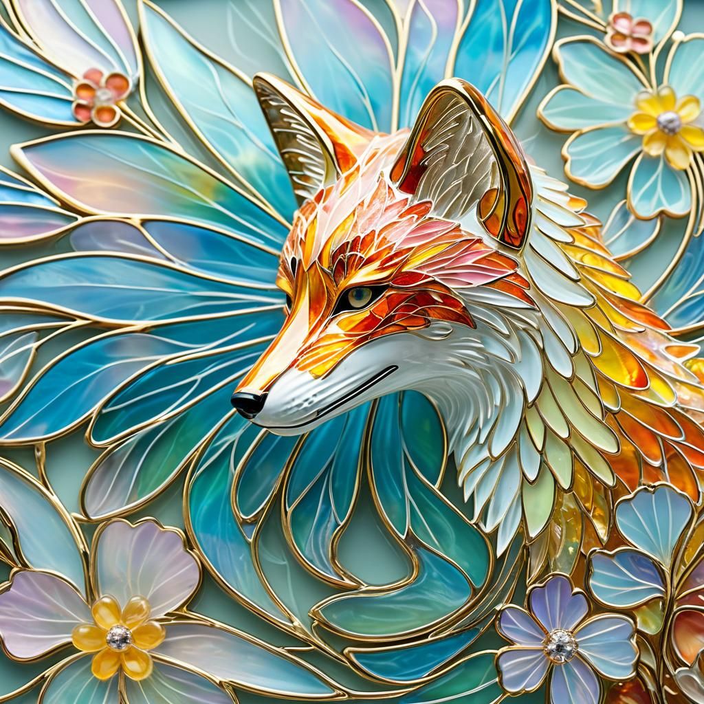Enameled Glass Fox with Flowers in Art Nouveau Style