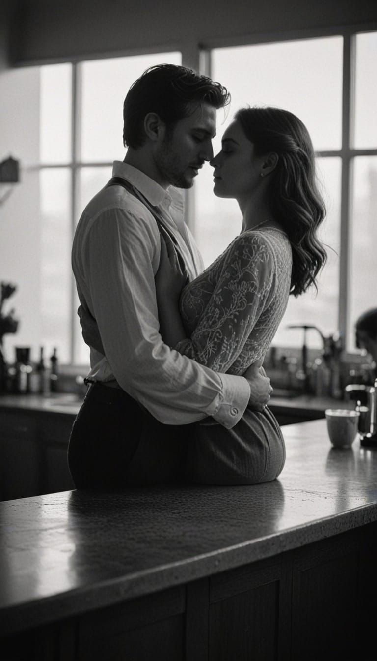 Intimate Couple Embracing in Softly Lit Kitchen
