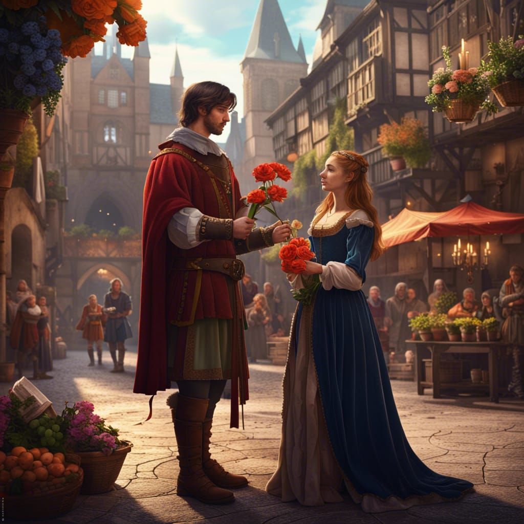 Medieval Squire Offers Flower in Renaissance Market