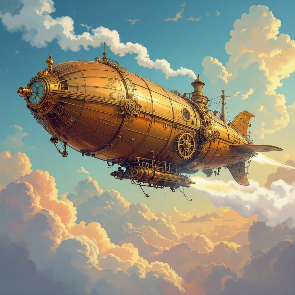 Steampunk Airship Soaring Through Vibrant Skies
