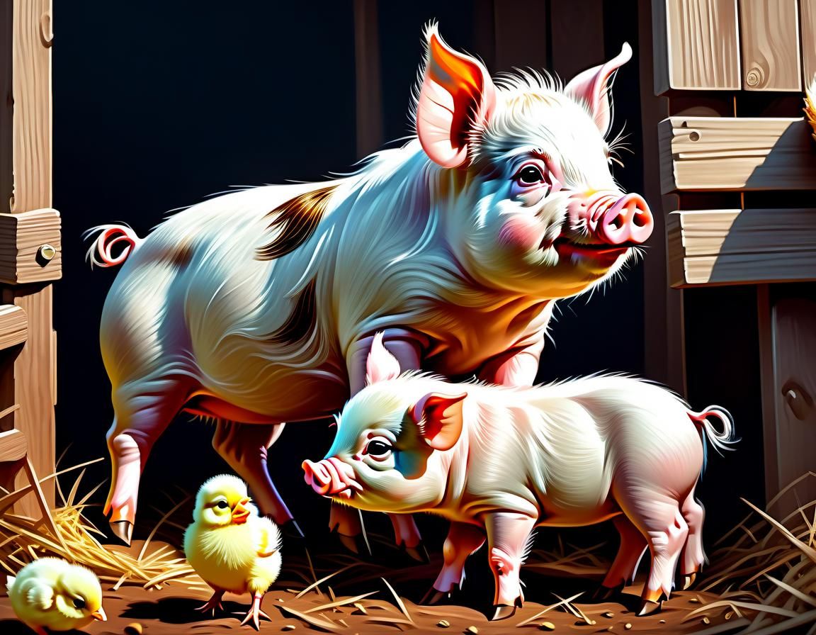 pig playing with a baby chick on an farm