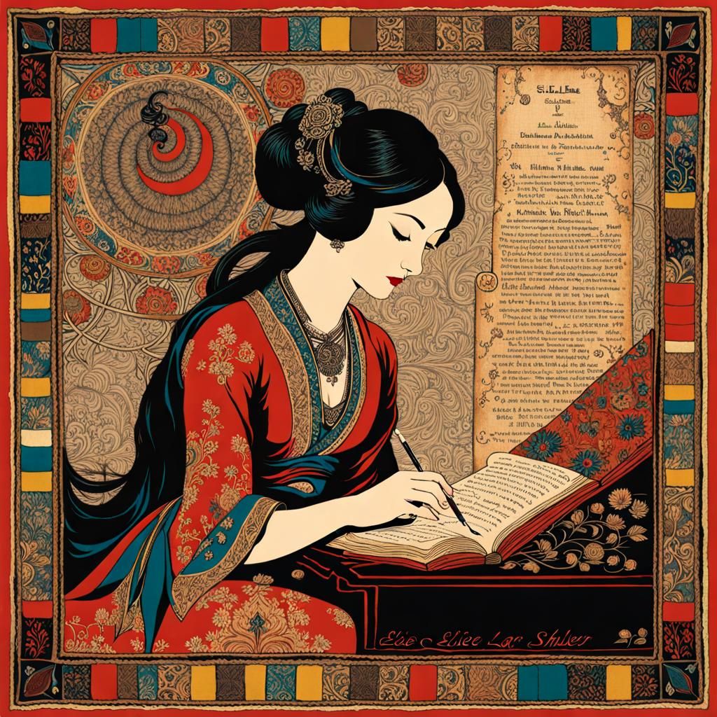 Poetic Maiden on Tibetan Carpet, Decalcomania Art