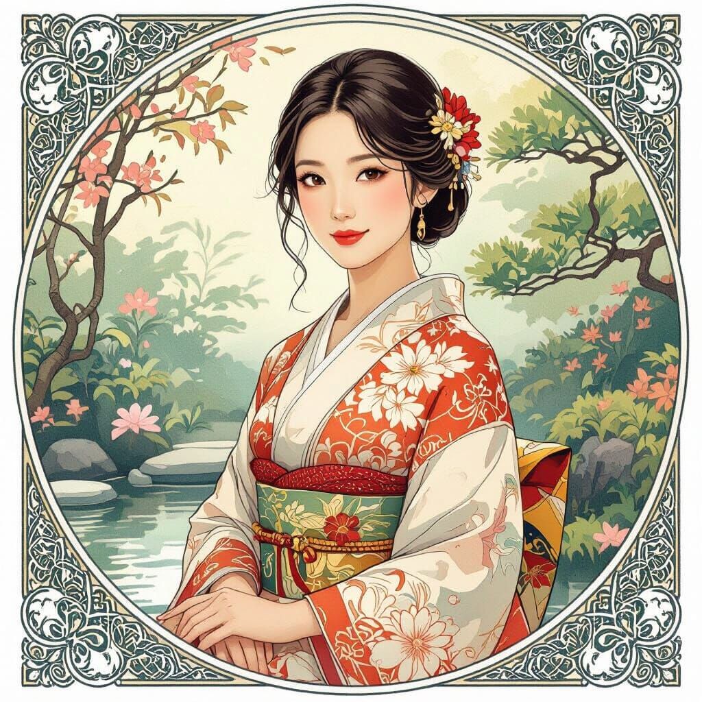 Elegant Asian Woman in Japanese Garden, Art Nouveau Style