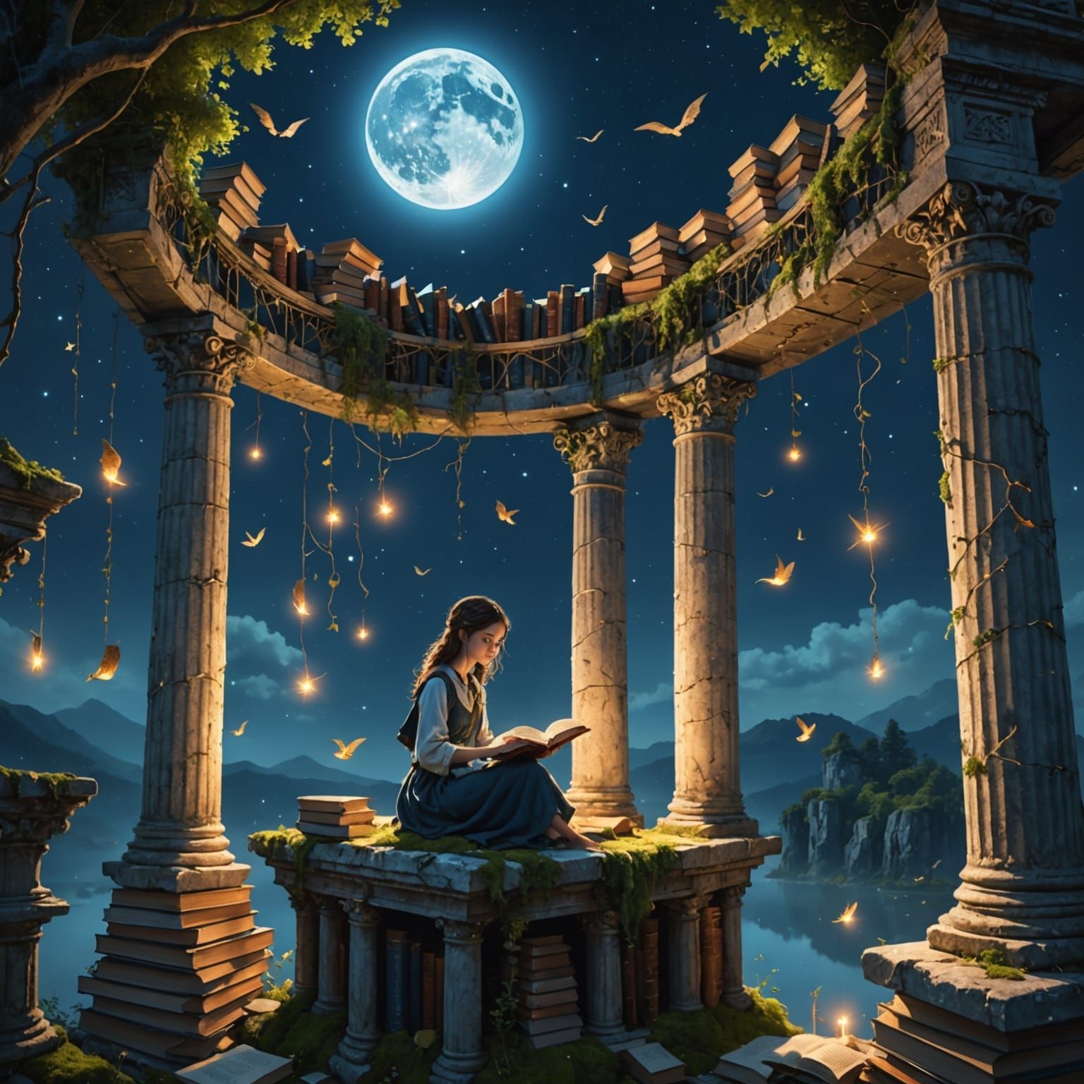 Floating Library Under Moonlight: Fantasy Artwork