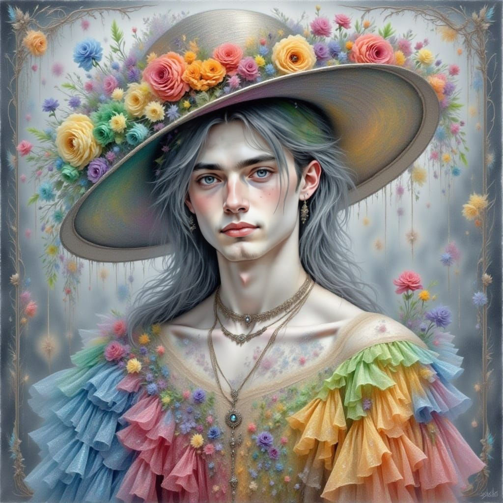 Young Man in Rainbow Hat and Lace Dress