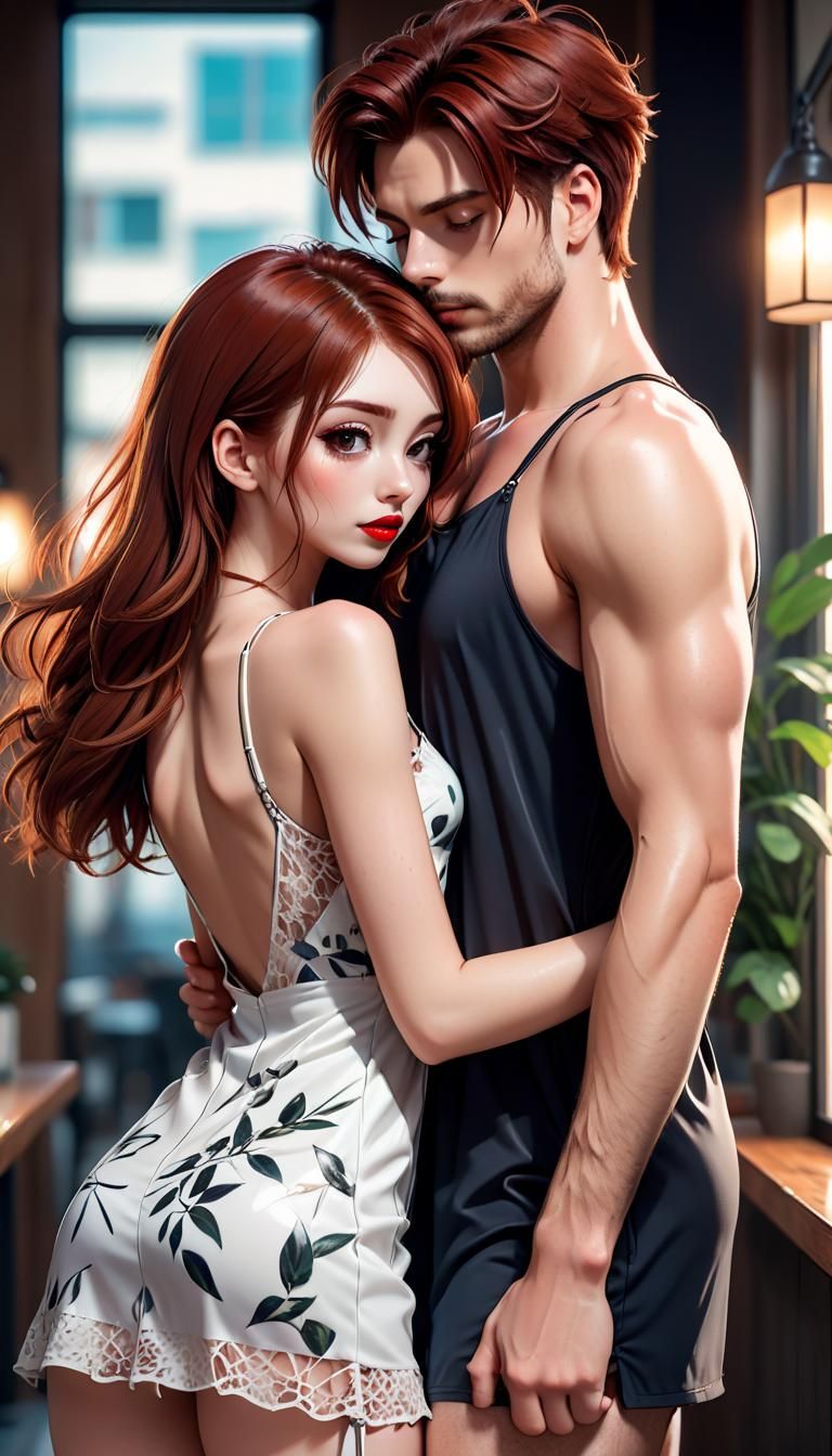 A very beautiful young couple, 25 years old, girl with aubur...