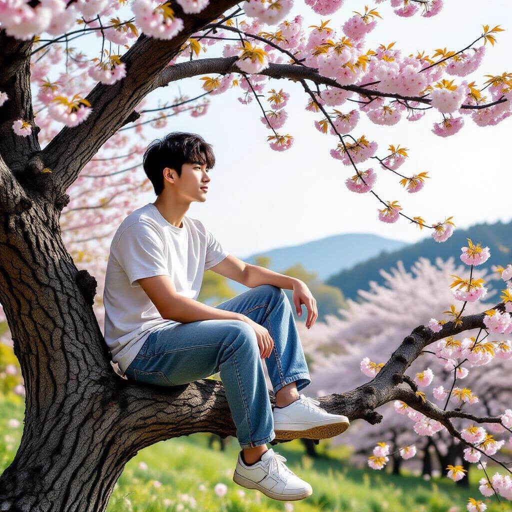 Young Man Contemplating Horizon on Tree Branch