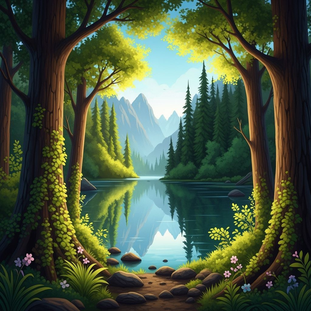 Lush Forest Landscape with Serene Lake and Mountains