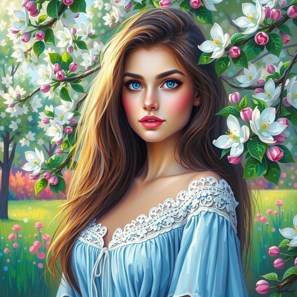 Confident Woman in Spring Alley, Hyperrealistic Oil Painting