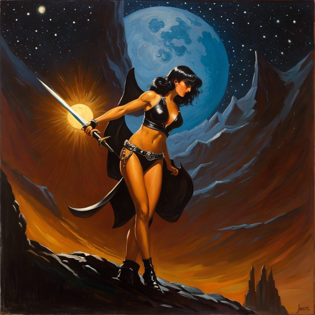 Female Warrior in Starry Night, Oil Painting