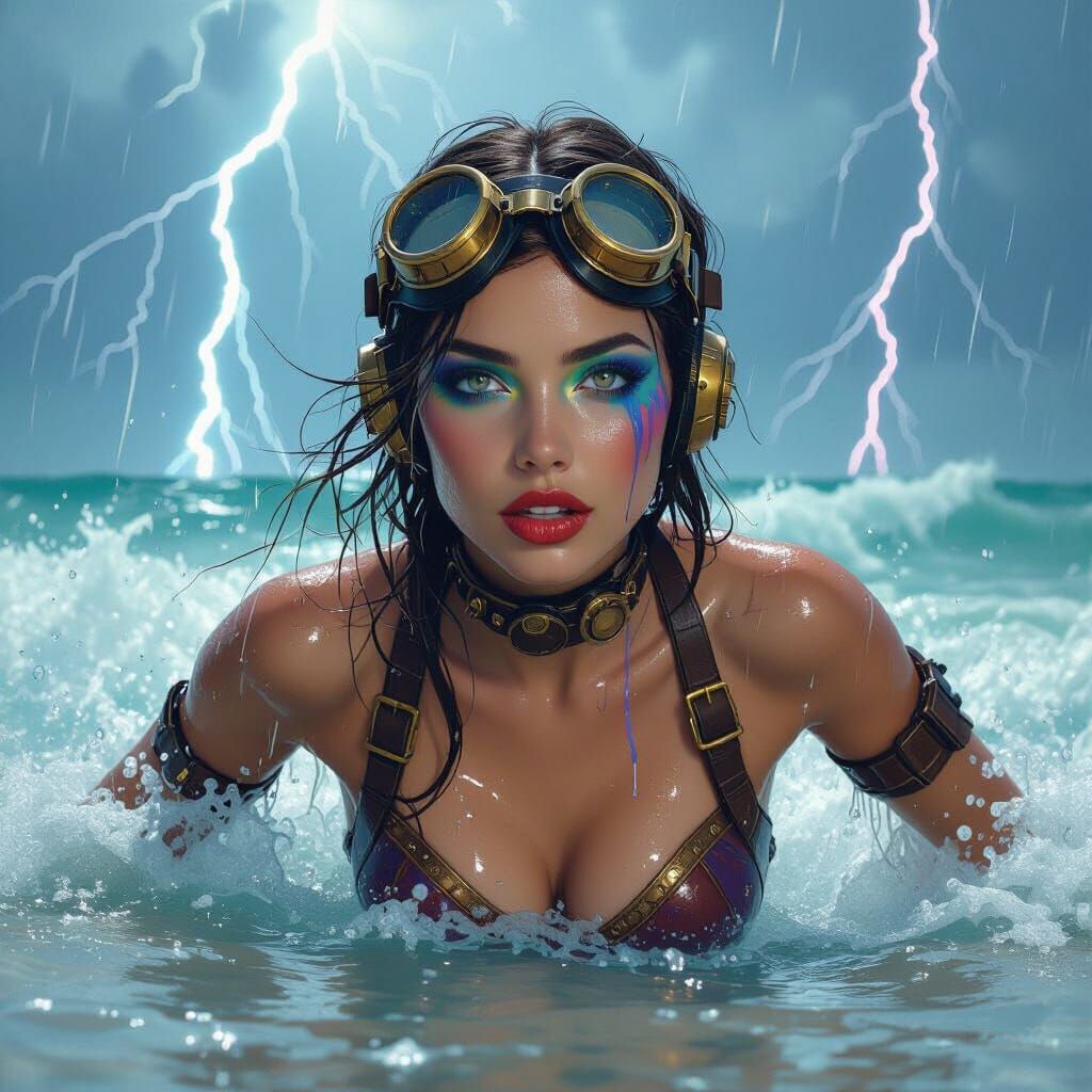 Steampunk Swimmer Amidst Storm, Digital Art