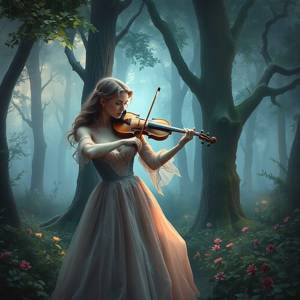 Ethereal Forest Musician Plays Violin Beneath Starry Skies
