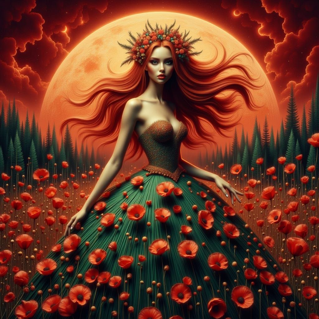 Ethereal Woman in Poppy Field Under Crimson Sky