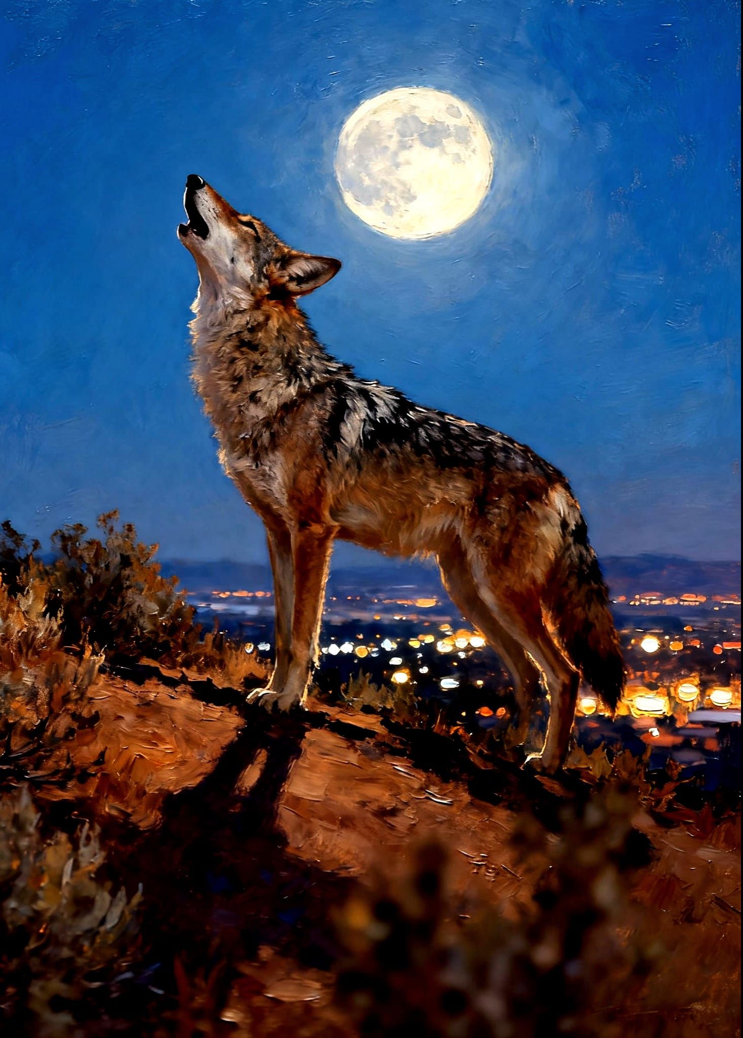 Realistic Oil Painting of Coyote Howling at Moon Over City