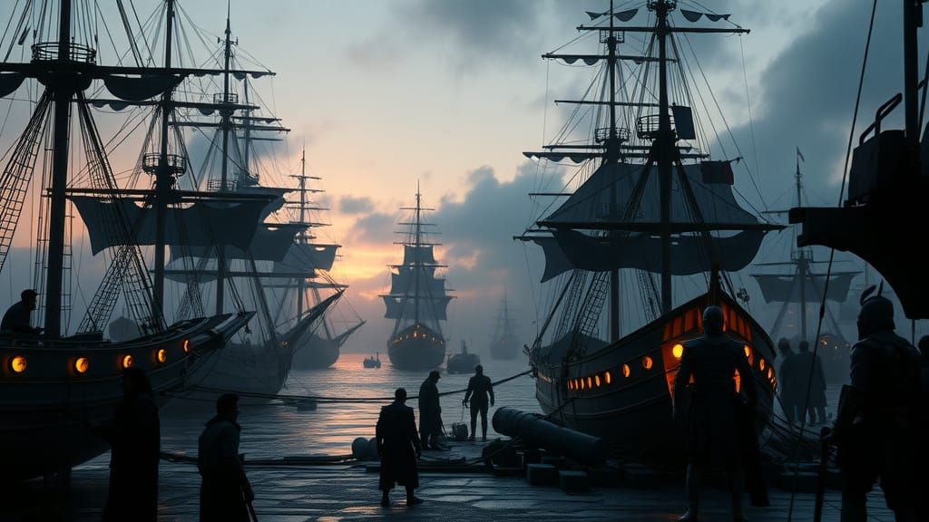 Sci-Fi Harbor Twilight with Futuristic Ships