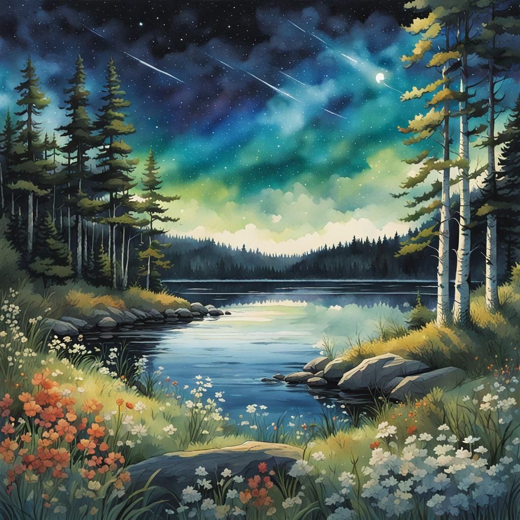 Watercolor of a lakeshore with white birch and pine trees. Brightly colored wildflowers and green vegetation in foregrou...