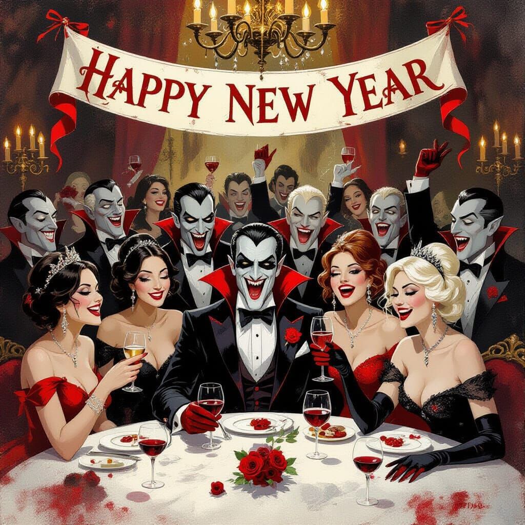 Vampire New Year's Ball in Wet Ink Painting Style