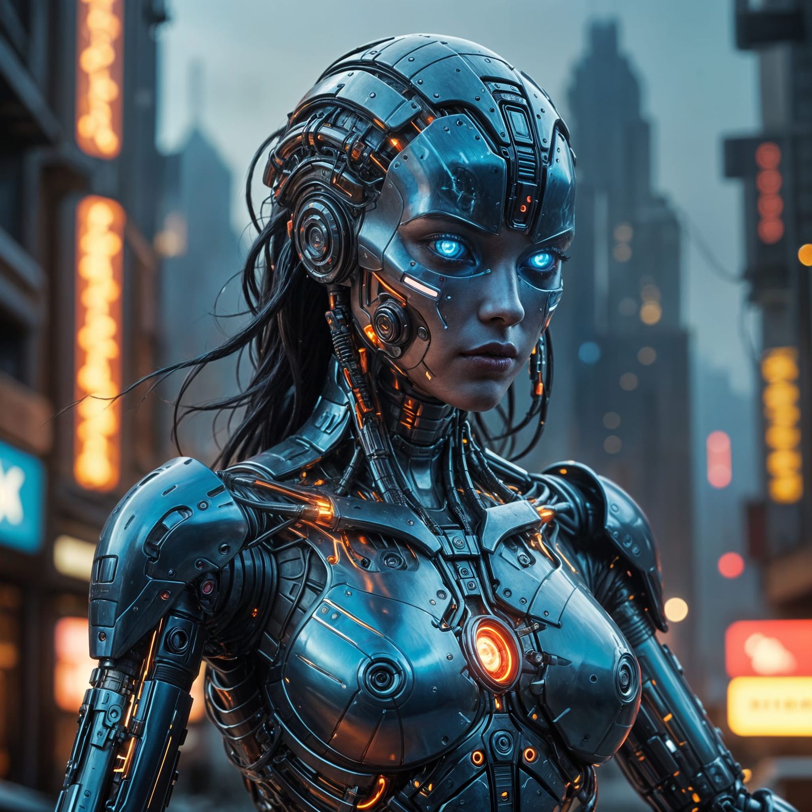 Cyberpunk Android Goddess in Hyper-Maximalist Cityscape