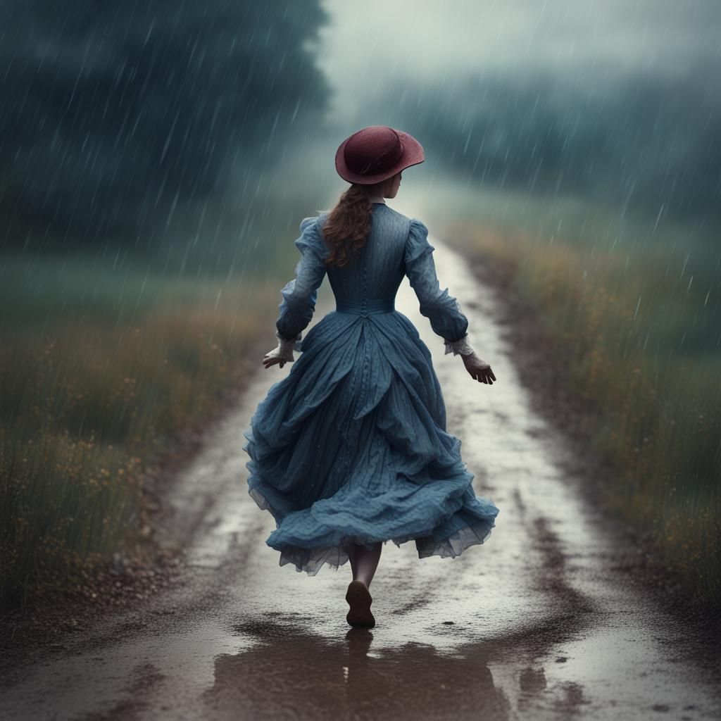 Edwardian Girl Running in Rain, Abstract Art Style