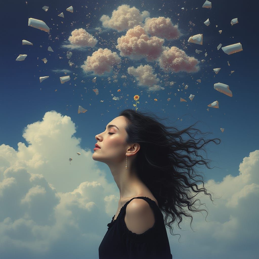 Ethereal Woman Merges with Clouds in a Dreamlike Scene