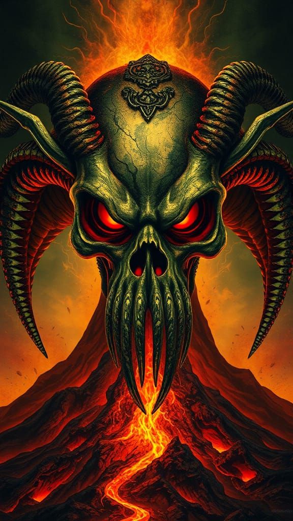 Demogorgon Cthulhu Skull in Encaustic Style