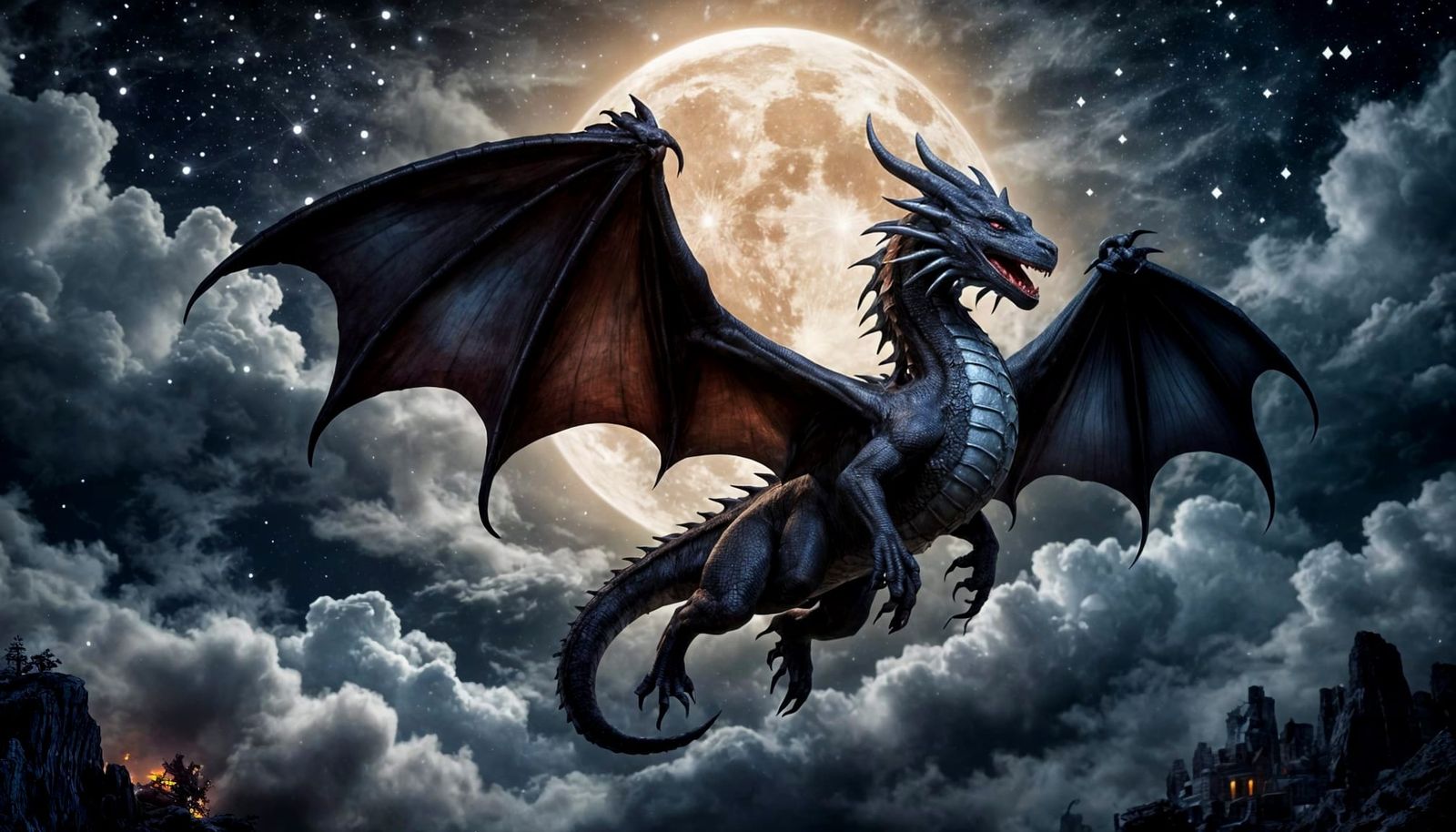 European Dragon Soaring Through the Night Sky