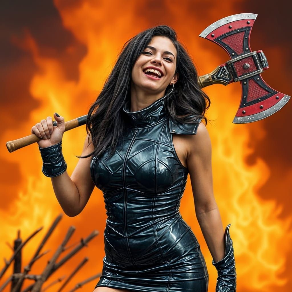 Laughing Female Berserker in Shiny Latex Armor