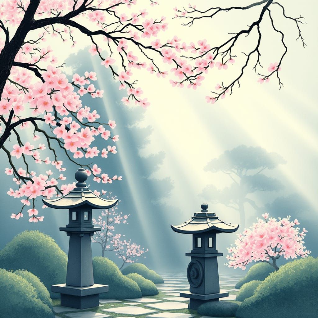 Tranquil Japanese Garden in Ukiyo-e Style