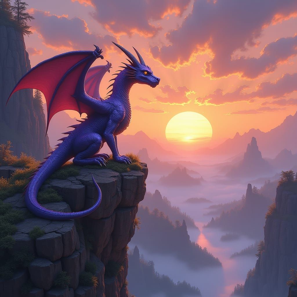 Lavender Dragon Gazing at Sunset in Dramatic Illustration