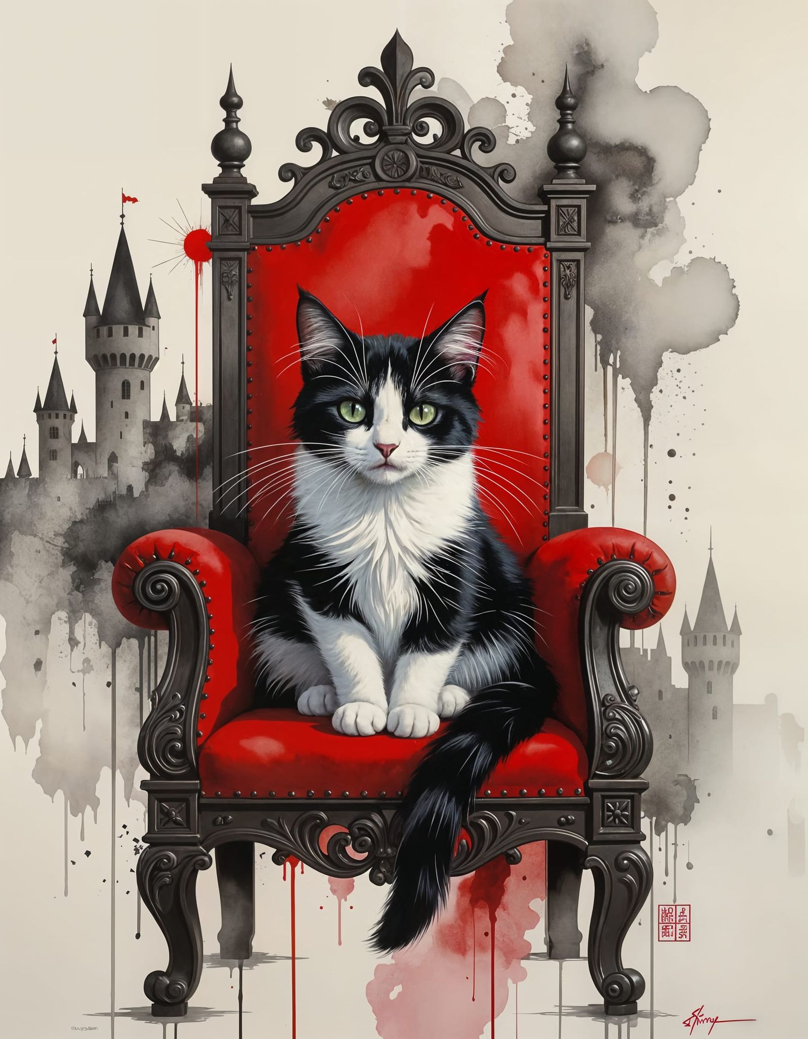 Vampire Cat King on Throne, Surreal Art