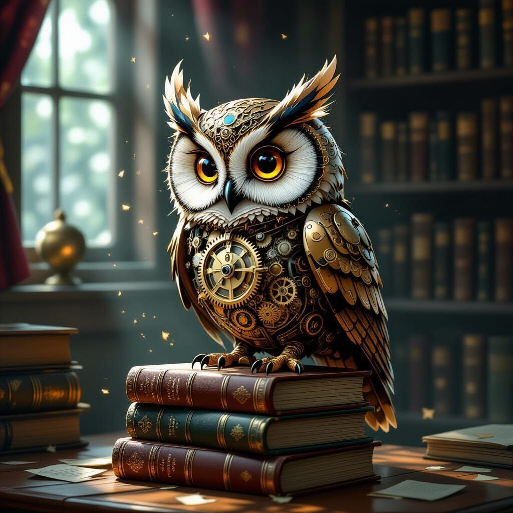 Clockwork Owl on Books in Dimly Lit Study