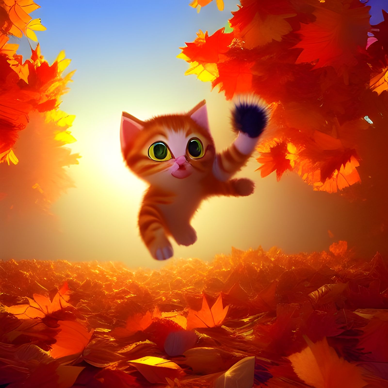 Cute Kitten Jumps into Fall Leaves: 3D Digital Art