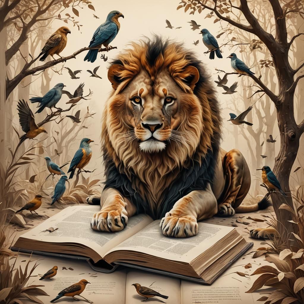 Lion and Birds in Open Book, Matte Painting