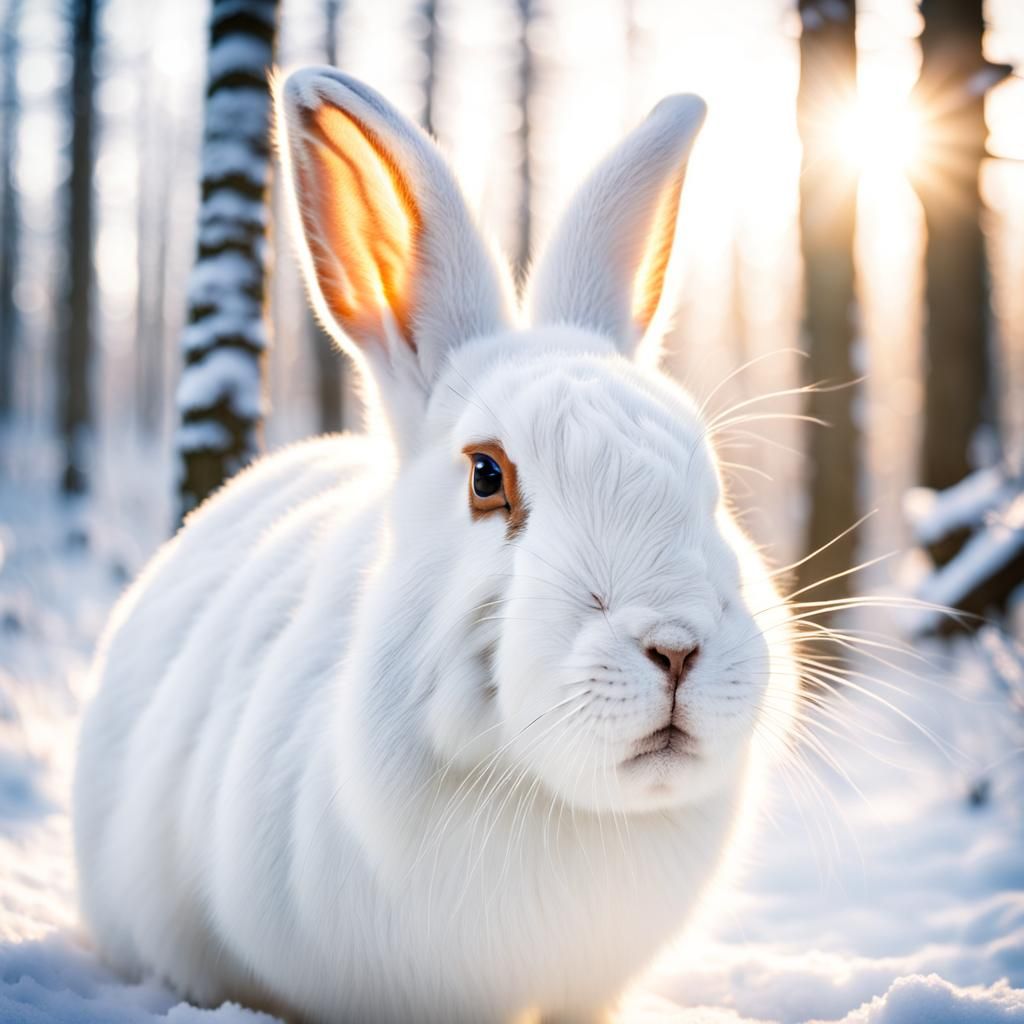 White Rabbit in Snowy Forest at Sunrise