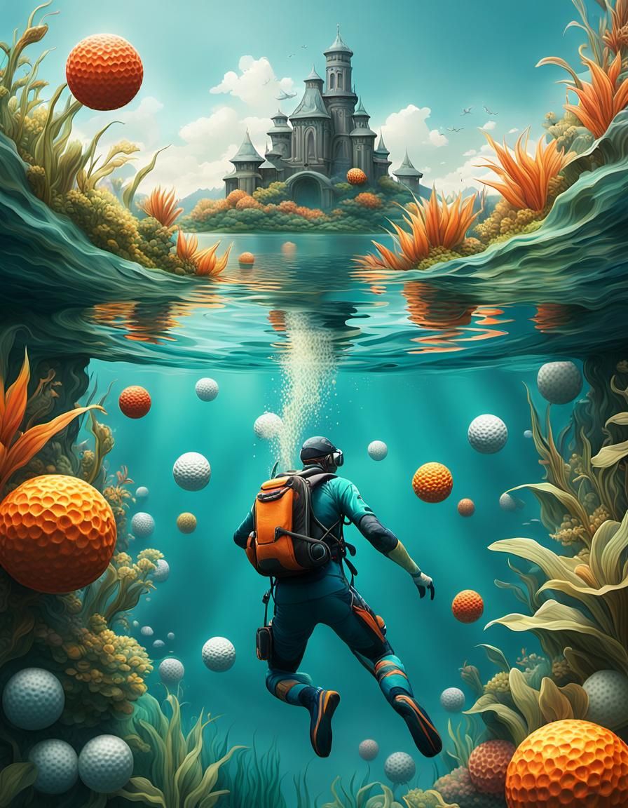 Diver Plunging into Lake of Golf Balls