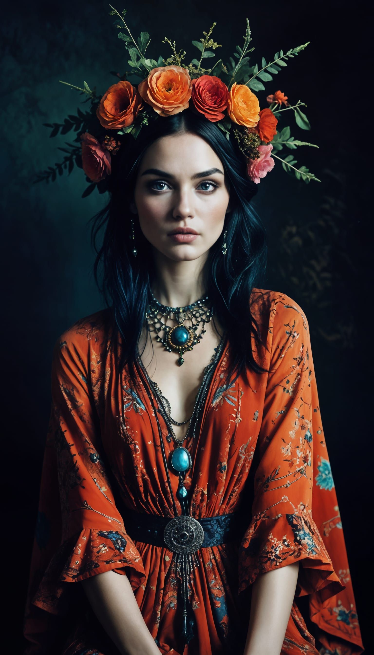 Surreal Bohemian Portrait in Dark, Whimsical Style