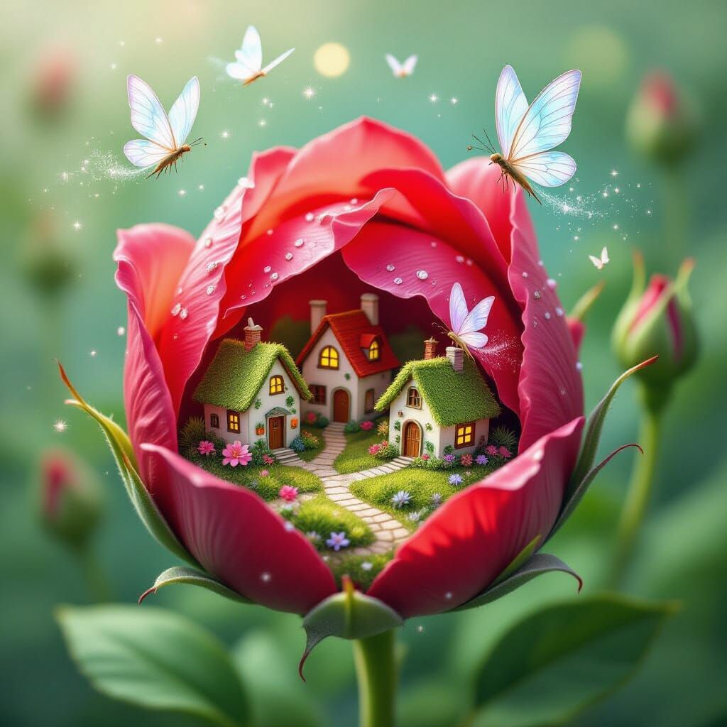 Tiny Village Inside Giant Rose Bud with Fairy Wings