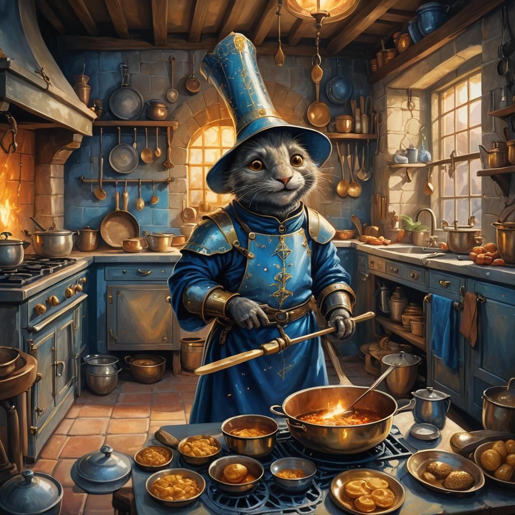 Happy Metal Creature Cleans Medieval Kitchen, Oil Painting