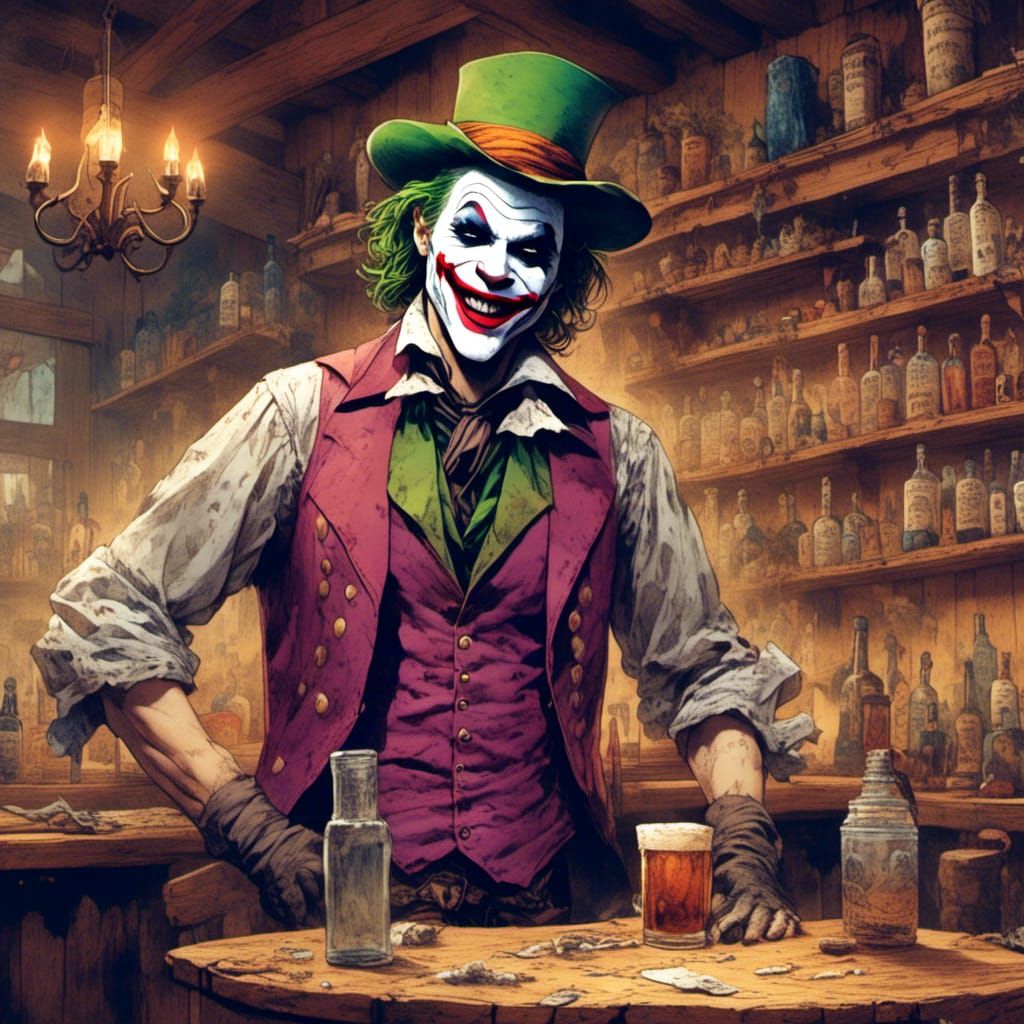 Heath Ledger as Joker in Western Saloon, Cartoon Style