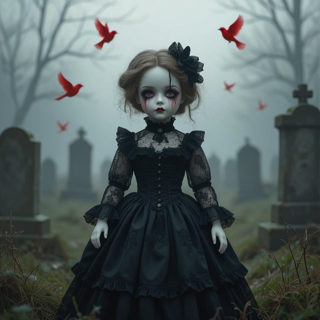 Gothic Porcelain Doll in Mist-Filled Graveyard