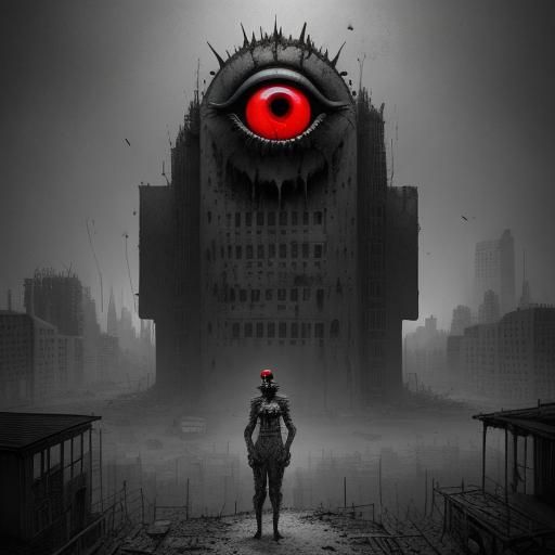 Crimson Eyed Monster in Grayscale Cityscape