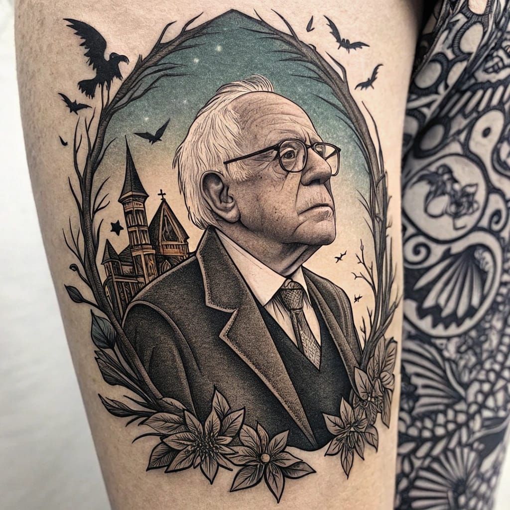 Tattoo Art of Bernie Sanders in a Macabre Style