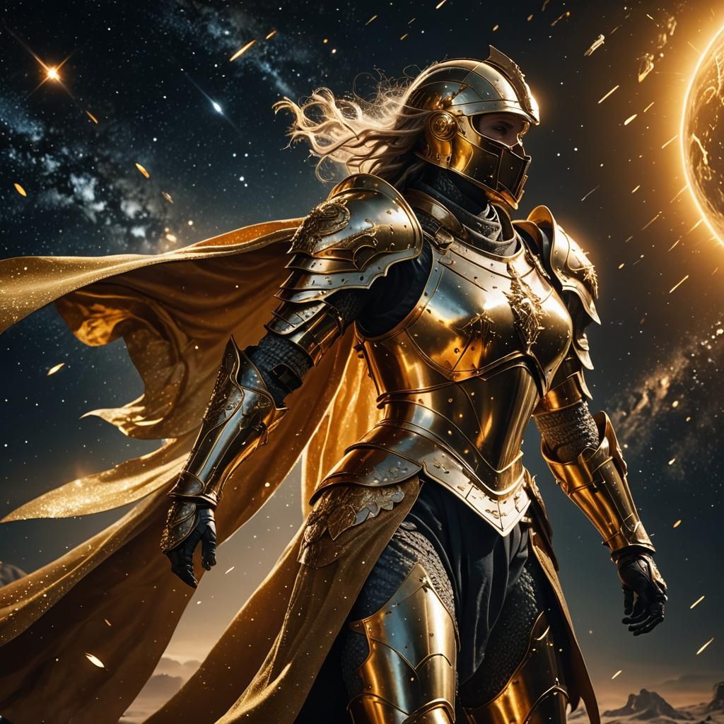 Golden Angelic Knight in Space: Digital Matte Painting