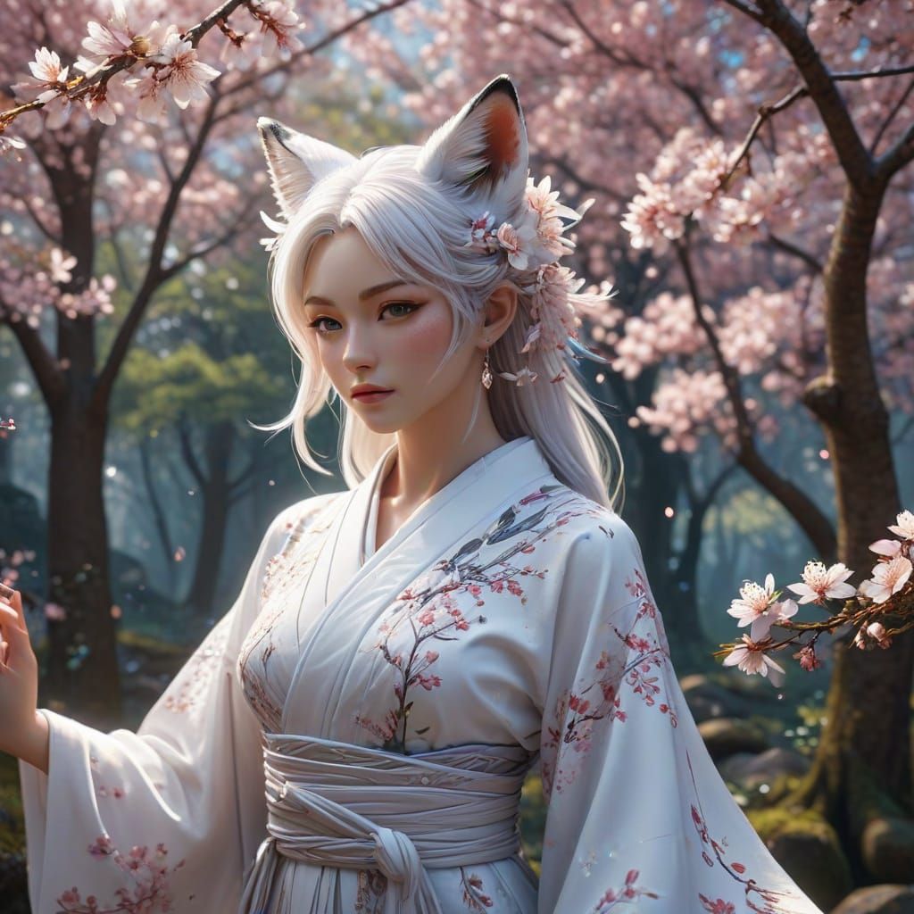 Serene Fantasy Fox Goddess Amidst Sakura Bloom