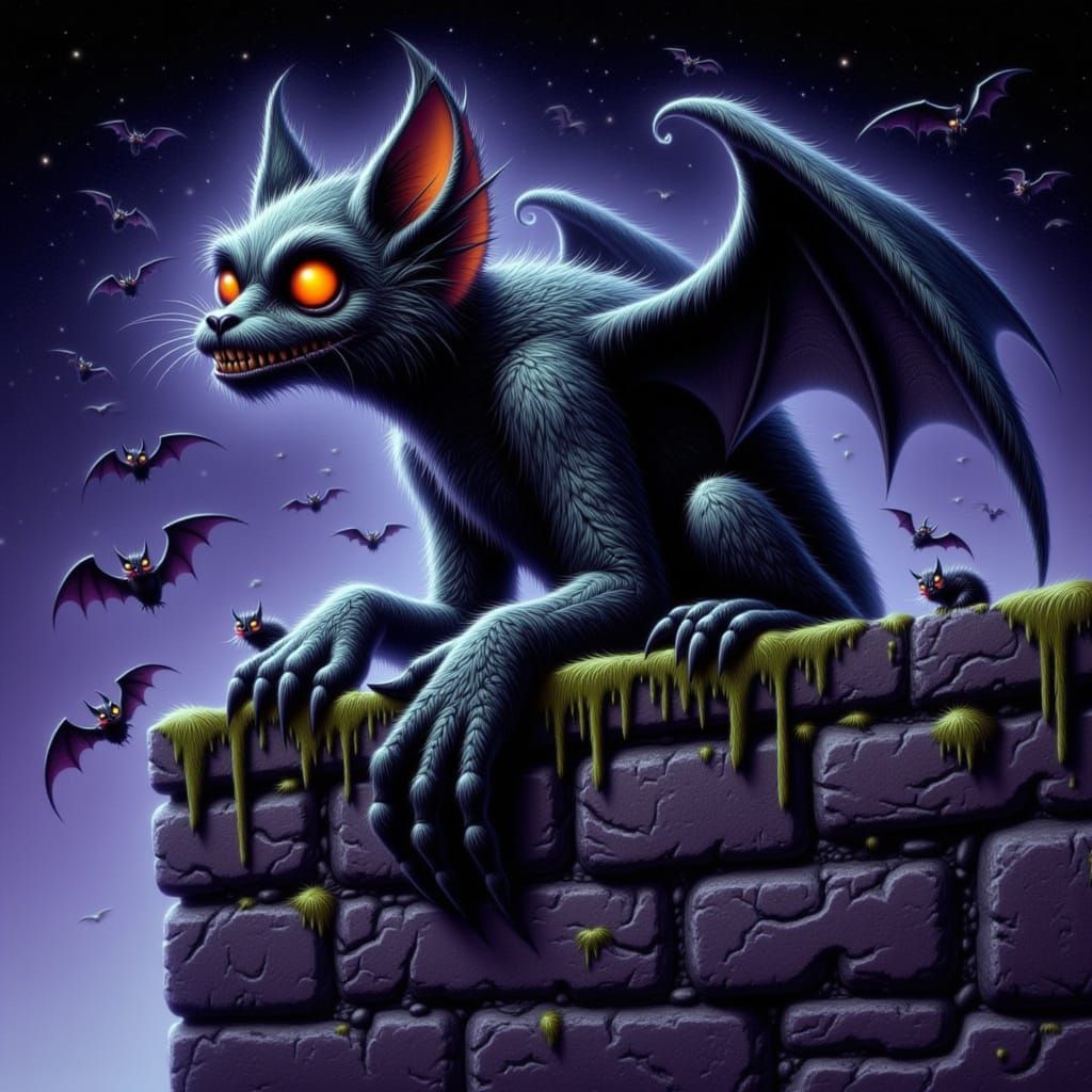 Halloween Gargoyle with Pet Bats in Dark Fantasy Style