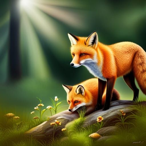 Fox Family in Sunlit Woodland