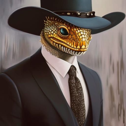 Lizard in Hat: Anthropomorphic Gouache Painting