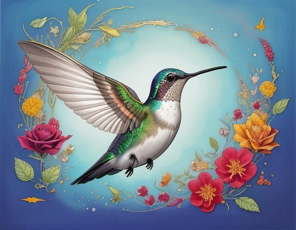 Hummingbird in Whimsical Flight, amidst Vibrant Blossoms and...