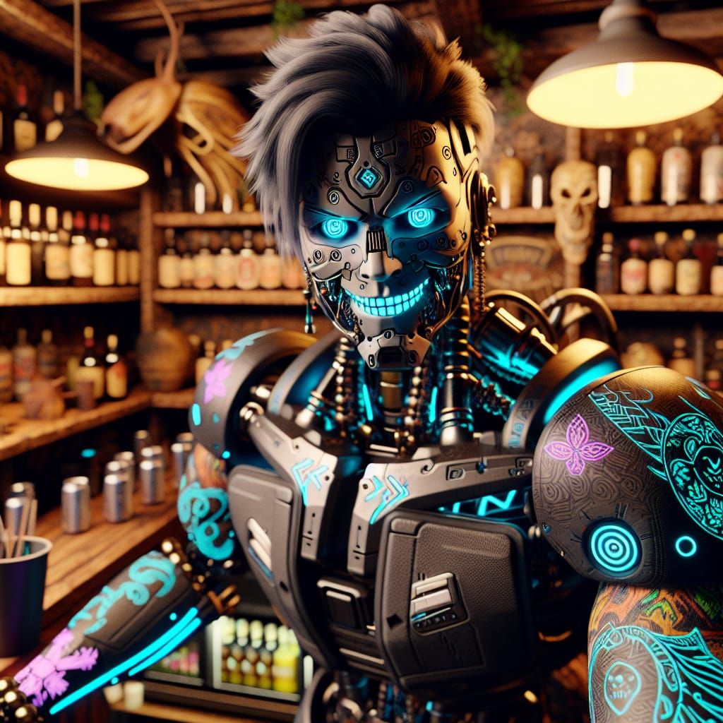 Neon Robot Bartender in Safari Cafe
