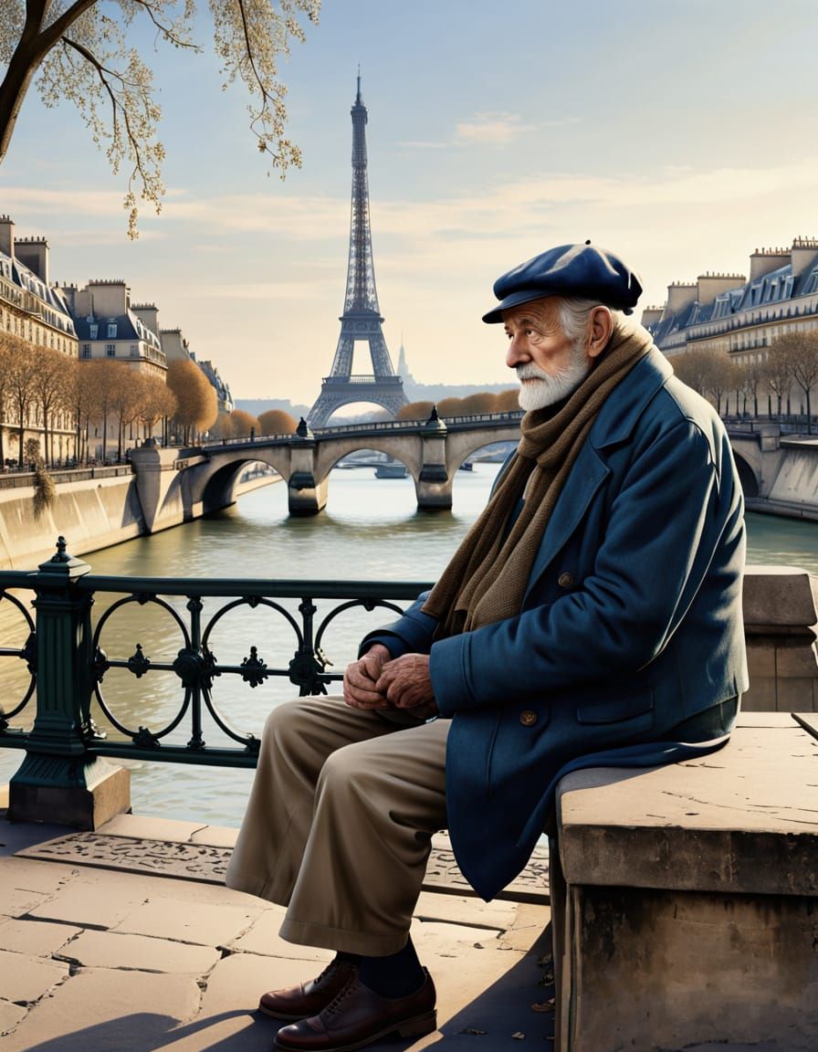 Fisherman on Historic Bridge in Paris: Vintage Illustration